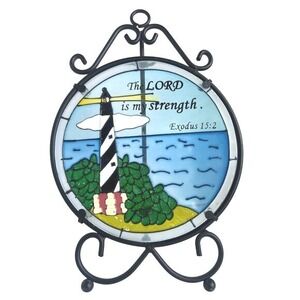 Vtg‎ Enameled Glass Lighthouse Plaque and Easel The Lord is my Strength Ex 15:2